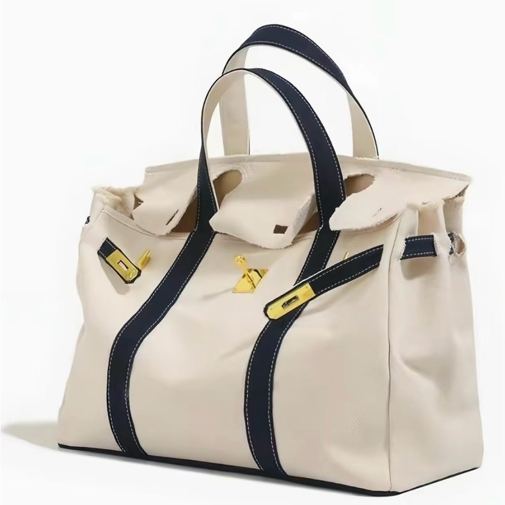 Boatkin Canvas Two-Tone Tote Bag - Navy with Gold Hardware - Picture 4 of 8